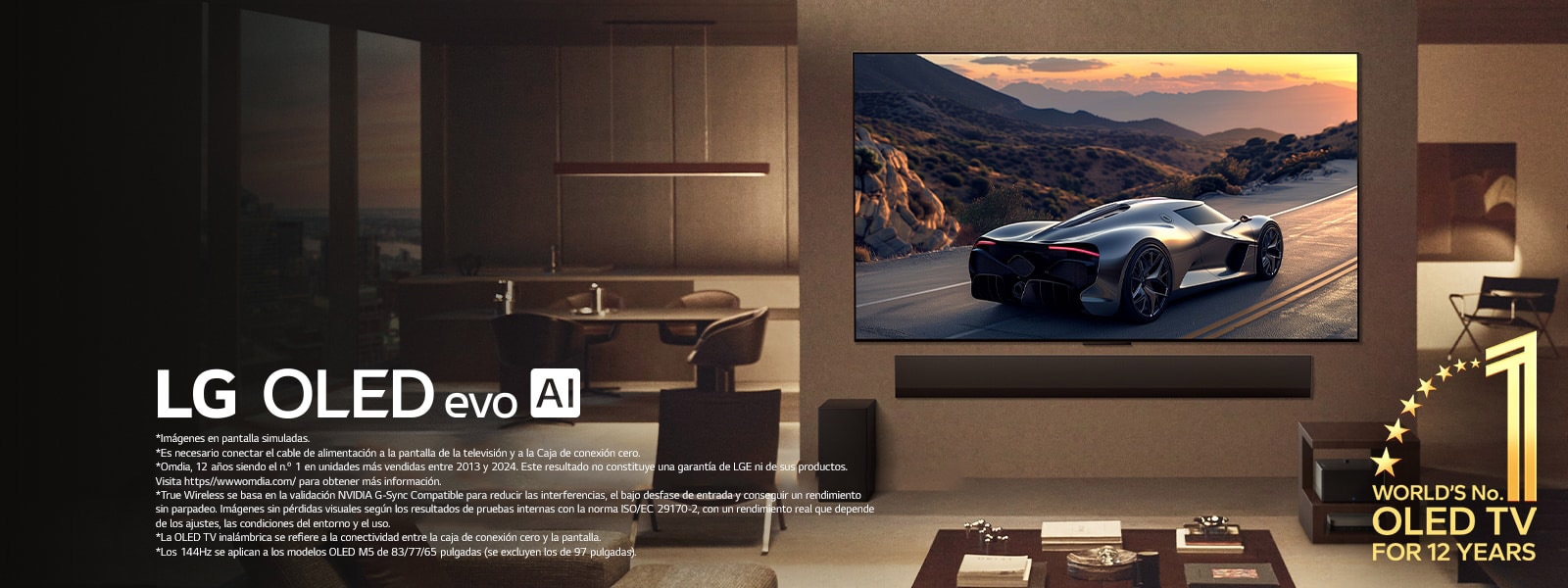 Una sala de estar elegante con el televisor LG OLED evo M5 montado en la pared. Una LG Soundbar debajo de esta. Caja de conexión cero oculta debajo de una mesa de apoyo. No hay cables visibles, lo que demuestra la tecnología True Wireless de la TV. Se observan el emblema de La OLED TV número uno del mundo durante 12 años y el logotipo de LG OLED evo AI. 