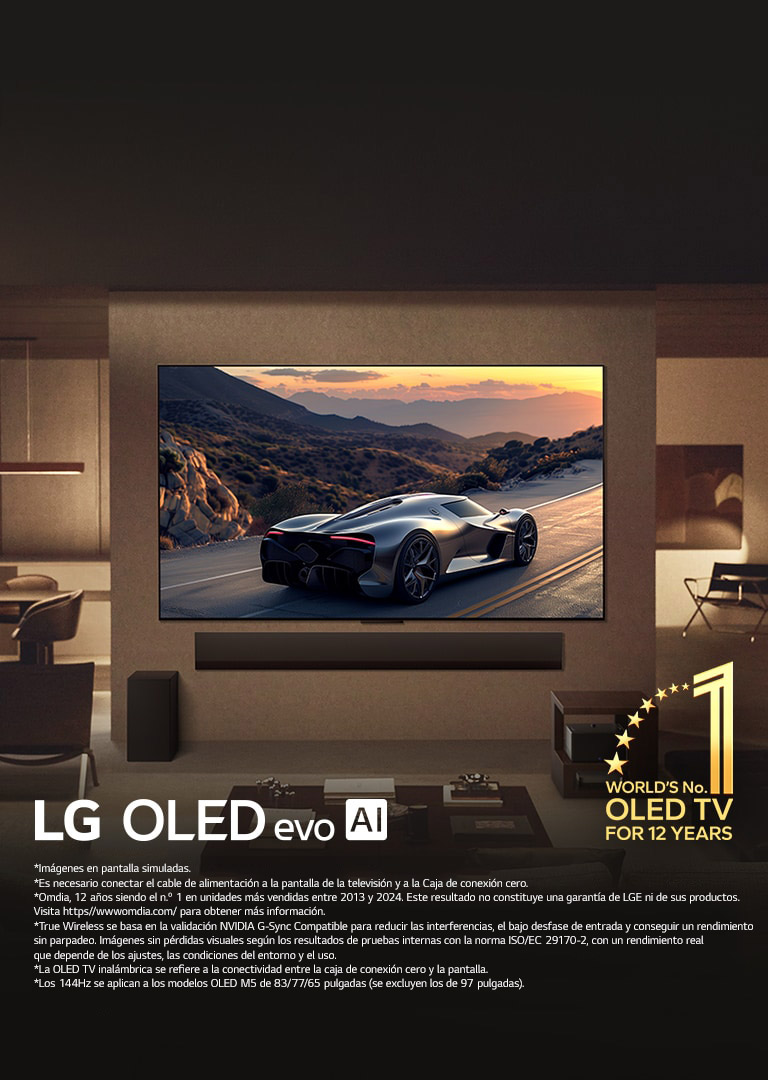 Una sala de estar elegante con el televisor LG OLED evo M5 montado en la pared. Una LG Soundbar debajo de esta. Caja de conexión cero oculta debajo de una mesa de apoyo. No hay cables visibles, lo que demuestra la tecnología True Wireless de la TV. Se observan el emblema de La OLED TV número uno del mundo durante 12 años y el logotipo de LG OLED evo AI. 