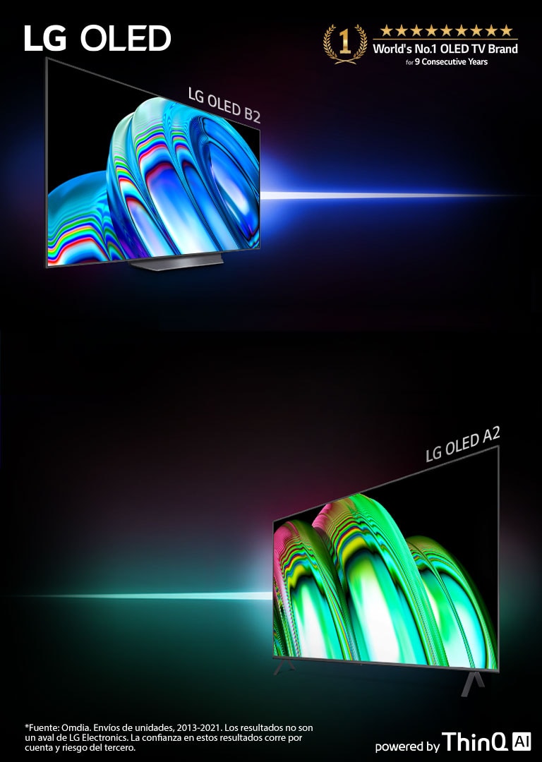LG OLED B2 y LG OLED A2 se destacan sobre un fondo negro. LG OLED B2 se inclina hacia la izquierda y muestra una imagen abstracta de color azul. LG OLED B2 se inclina hacia la derecha y muestra una imagen abstracta de color verde.