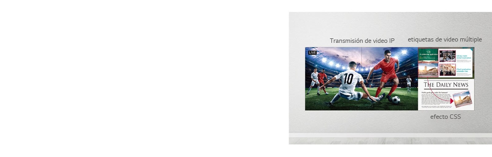 Un lado de la pared de video está transmitiendo en vivo un partido de fútbol, ​​mientras que el otro lado de la pantalla utiliza efectos CSS para agregar más contenido.
