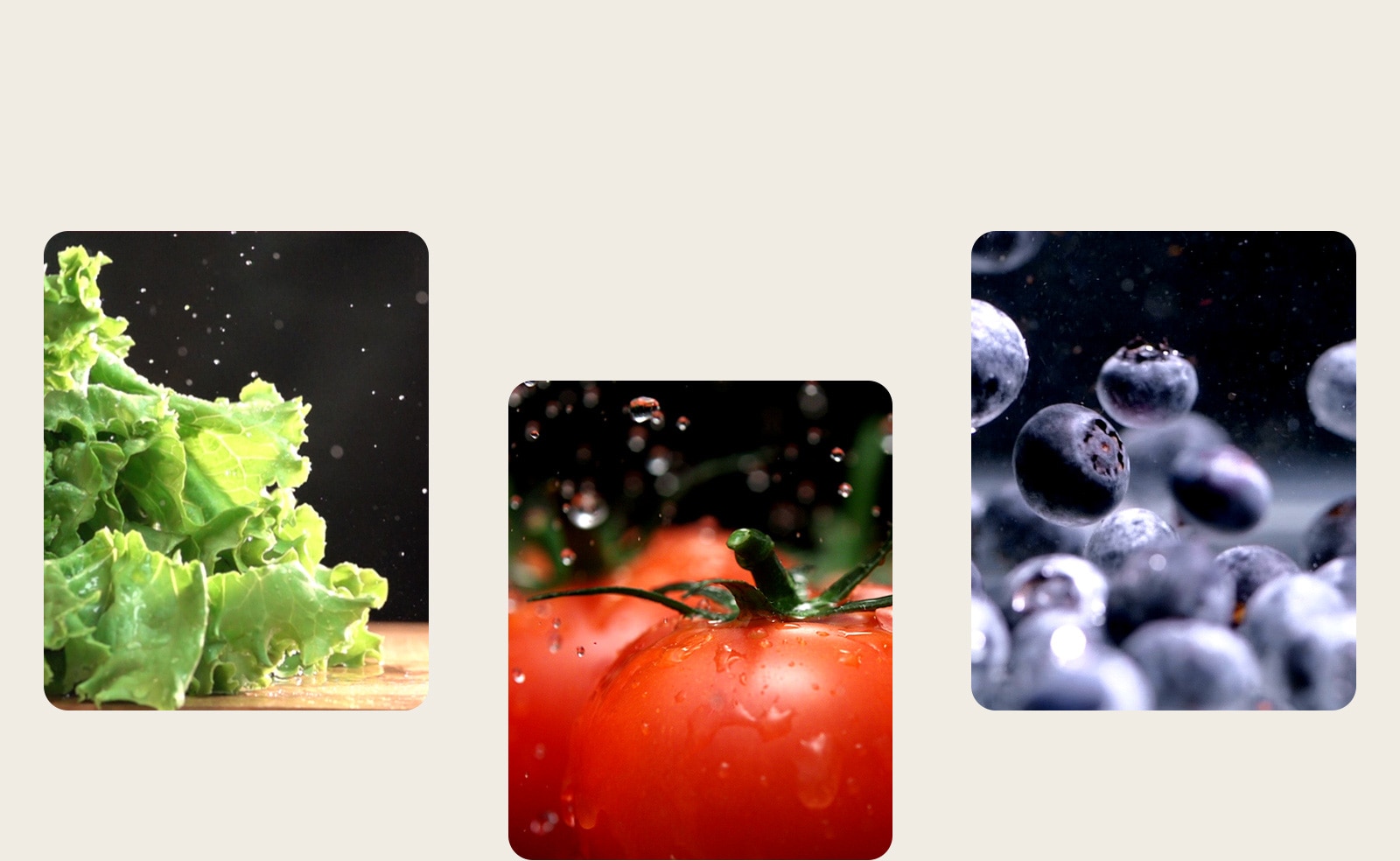 frutas y verduras como lechugas, tomates y arándanos se conservan frescas en el refrigerador LG.