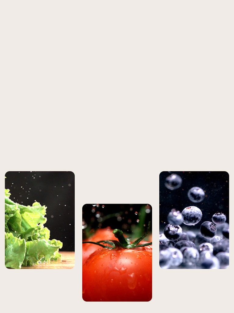 frutas y verduras como lechugas, tomates y arándanos se conservan frescas en el refrigerador LG.