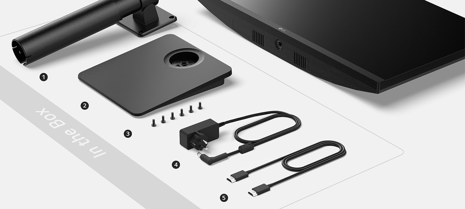 Jalustan runko, jalustan pohja, ruuvit, adapteri + virtajohto ja HDMI-johto laatikossa.