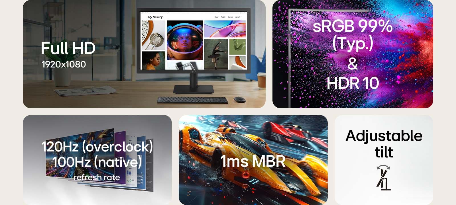 Presenta los aspectos más destacados del monitor LG 22U403A, que muestra resolución Full HD 1920×1080, rendimiento de color sRGB 99% (típ.) y HDR10, frecuencia de actualización de overclocking nativa de 100 Hz y 120 Hz, tiempo de respuesta MBR de 1 ms y un soporte inclinable ajustable para comodidad ergonómica.