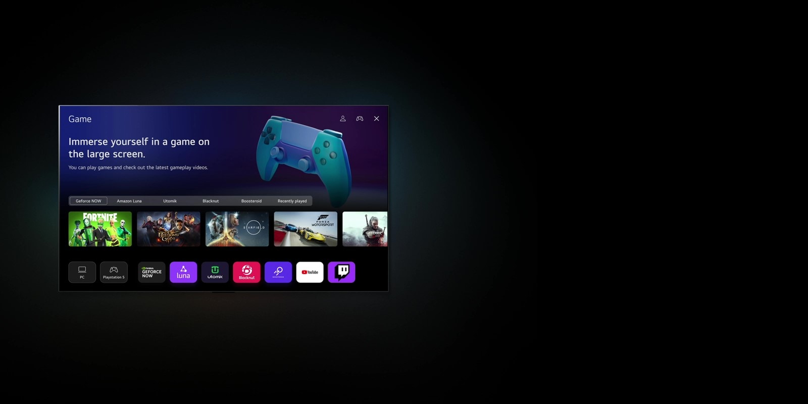 Un cursor hace clic en Sports y la pantalla se desvanece en una página de inicio de Sports con el texto “Registra tu equipo/jugador favorito para obtener más información sobre la clasificación de la liga, horarios de juegos o cualquier otra actualización” y “Lista de ligas populares”. Cinco miniaturas están etiquetadas como Fútbol, ​​Baloncesto, Béisbol, Cricket y Hockey sobre hielo. La pantalla retrocede, el cursor hace clic en Juegos y la pantalla aparece en una página de inicio de Juegos con el texto “Sumérgete en un juego en la pantalla grande. Puedes jugar y ver los últimos vídeos de juegos”. La imagen muestra botones etiquetados como Geforce NOW, Amazon Luna, Utomik, Blacknut, Boosteroid y Recientemente reproducidos. Se muestran los siguientes logos: GeForce Now, Amazon Luna, Utomik, Blacknut, Boosteroid, YouTube y Twitch.