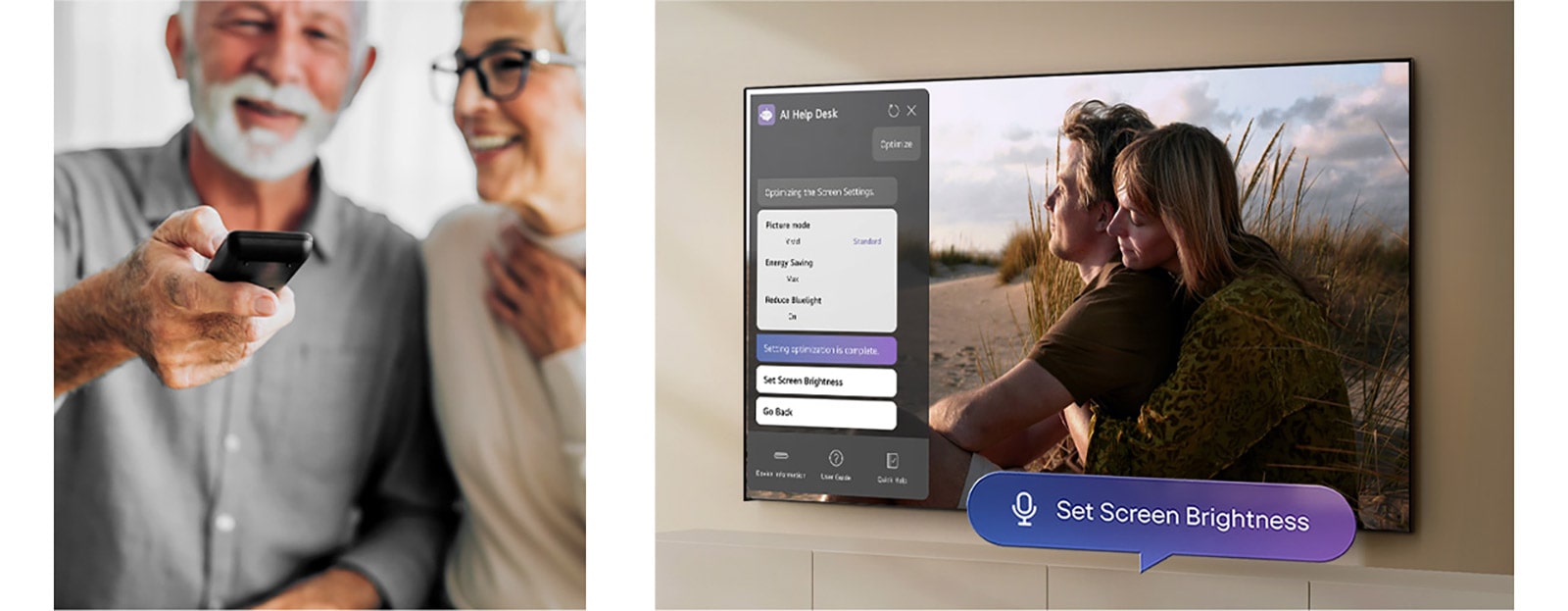 A la izquierda, un hombre y una mujer sentados mientras el hombre apunta con un control remoto. A la derecha, la pantalla de una LG TV muestra a una mujer y un hombre sentados en un campo de arena con una ventana de servicio de AI chatbot abierta en la parte izquierda de la pantalla con un globo de diálogo que dice “Ajustar brillo de pantalla” en la esquina inferior derecha.