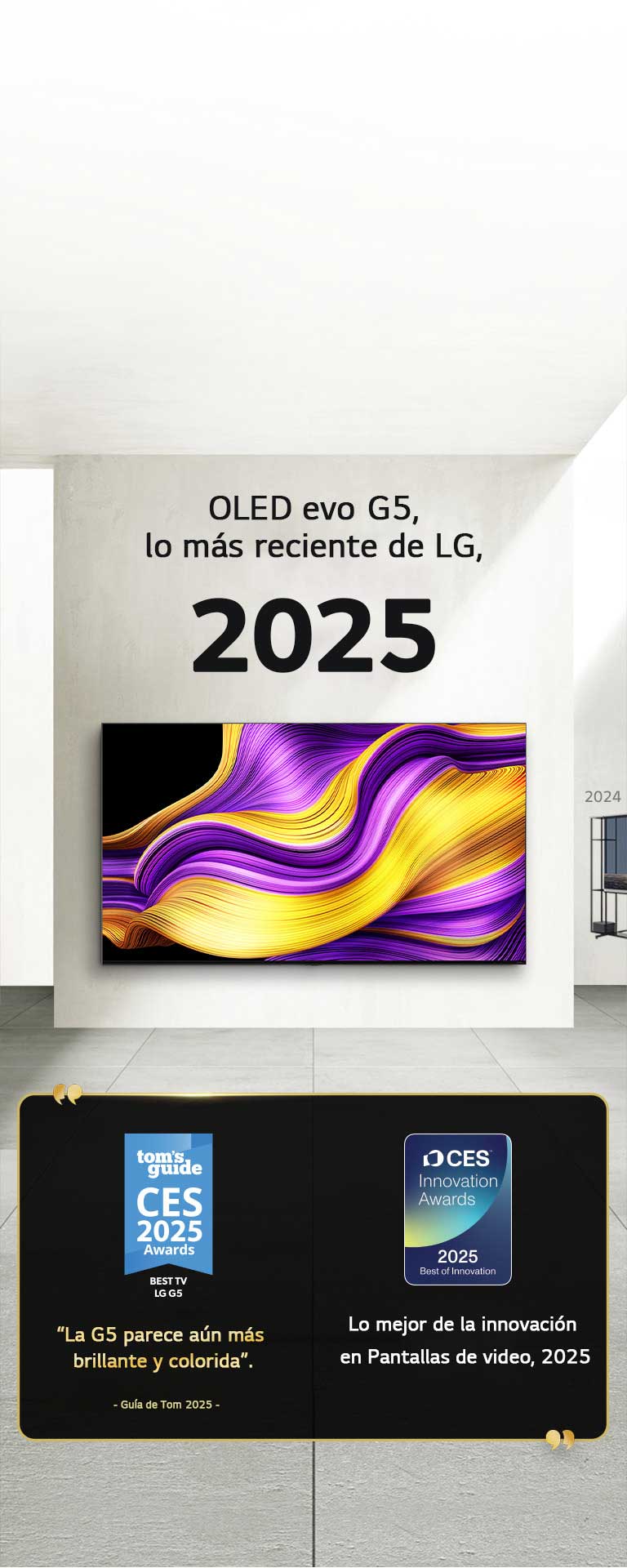 LG TV. El título dice: OLED evo G5, lo más reciente de LG, 2025. Junto a él, las menciones de los premios. La Guía de Tom: “La G5 parece aún más brillante y colorida”. Lo mejor de la innovación en Pantallas de video 2025, premios CES Innovation Awards.