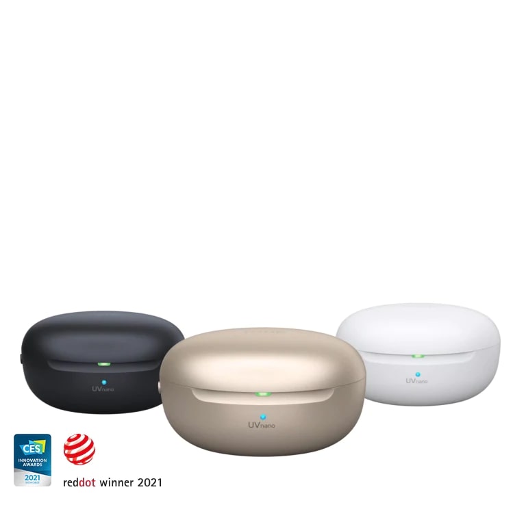 Un video de los auriculares flotando en el aire mientras se abren los soportes de LG TONE Free negro, dorado y blanco y aparece una copia de la serie LG TONE Free FP.