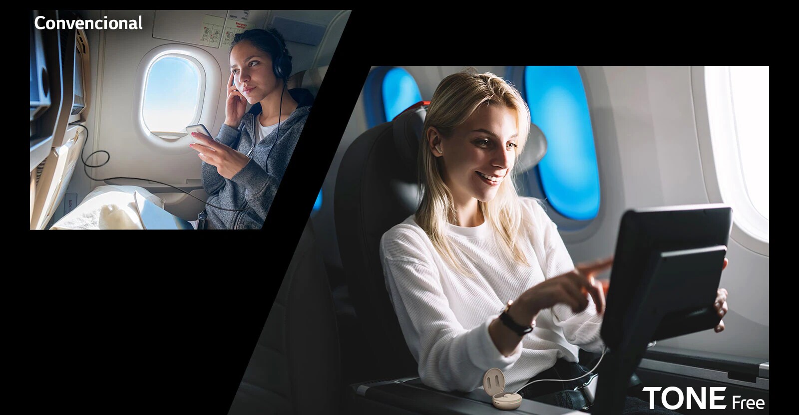 Esta escena es para mostrar las ventajas de la función inalámbrica de LG TONE Free comparándola con la convencional. Esta escena muestra una imagen comparativa de disfrutar del entretenimiento de vuelo con convencional y TONE Free, usando auriculares con cables conectados, y TONE Free emparejó los auriculares conectando los cables auxiliares de la base a la pantalla de entretenimiento de vuelo.