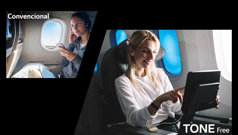 Esta escena es para mostrar las ventajas de la función inalámbrica de LG TONE Free comparándola con la convencional. Esta escena muestra una imagen comparativa de disfrutar del entretenimiento de vuelo con convencional y TONE Free, usando auriculares con cables conectados, y TONE Free emparejó los auriculares conectando los cables auxiliares de la base a la pantalla de entretenimiento de vuelo.