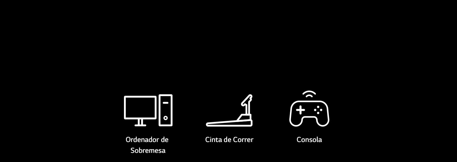 Imágenes de pictogramas de ordenadores de escritorio, cintas de correr y videoconsolas, que son dispositivos representativos que se pueden implementar con funciones de enchufe e inalámbricas.