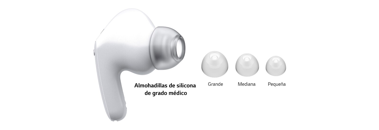 Imagen de auriculares blancos y un juego de almohadillas de 3 tamaños: Grande, Mediano y Pequeño.