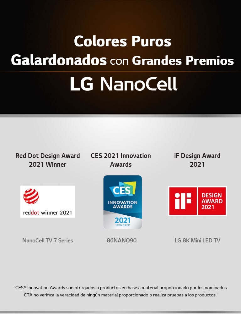 Gráfica que muestra premios que ha recibido LG en 2021 con los colores puros que ofrece NanoCell. 