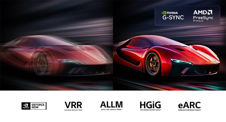 Dos imágenes de un auto en un videojuego, una junto a la otra. Una muestra mucho desenfoque por movimiento. La otra está nítida y enfocada, lo que demuestra la alta frecuencia de actualización de la LG OLED TV. Se muestran el logotipo de Nvidia G-Sync, AMD FreeSync Premium, la insignia Intertek de tiempo de respuesta de 0.1 ms y otras certificaciones relevantes. 