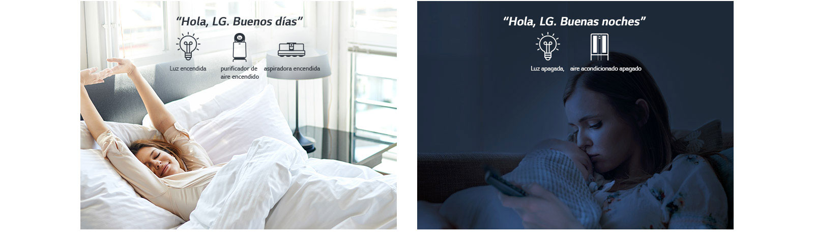 Una mujer en la cama que se despierta por la mañana (izquierda) y con un bebé por la noche (derecha)