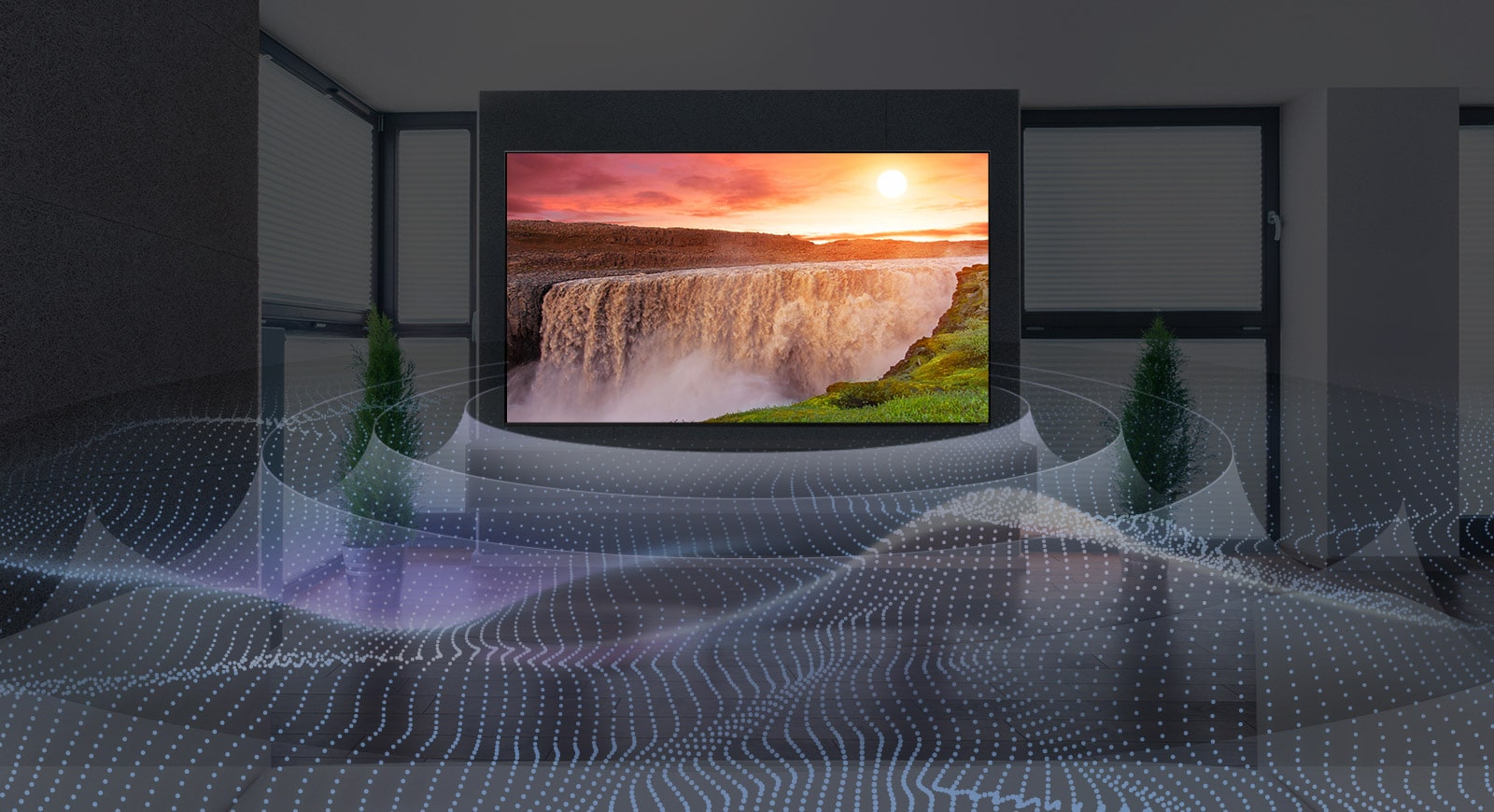 Cascada gigante en TV con sonido envolvente gráfico