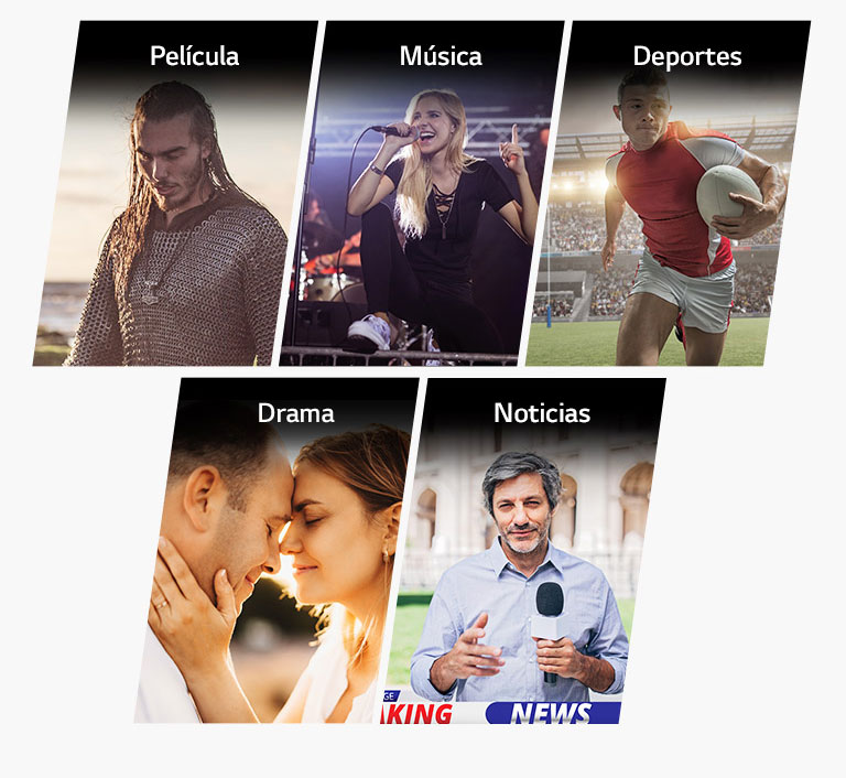 Cinco intertítulos verticales para películas, música, deportes, drama y noticias