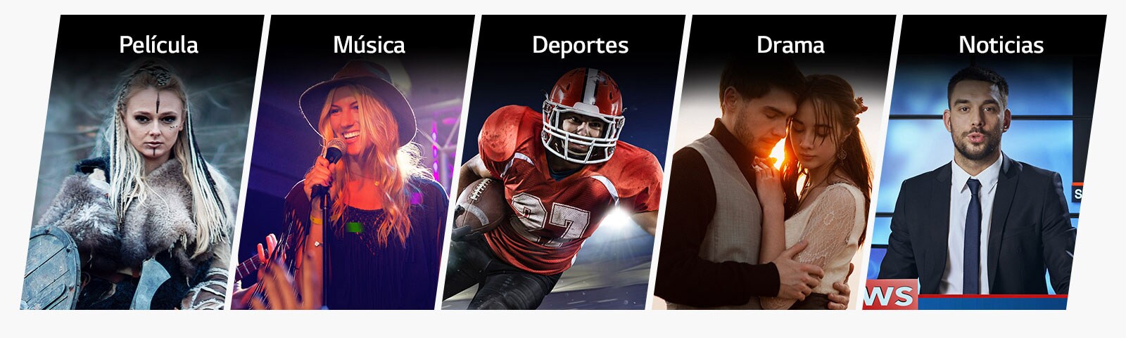 Cinco intertítulos verticales para películas, música, deportes, drama y noticias