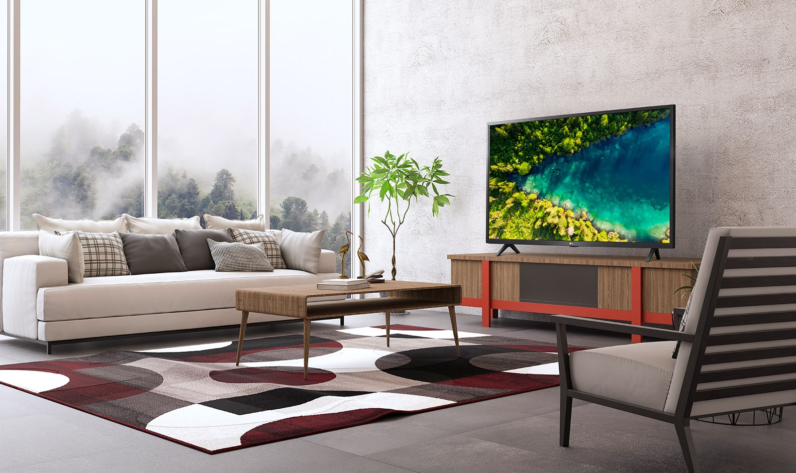 Un televisor que muestra un río que fluye en un denso bosque vista de arriba desde una casa moderna y sencilla.