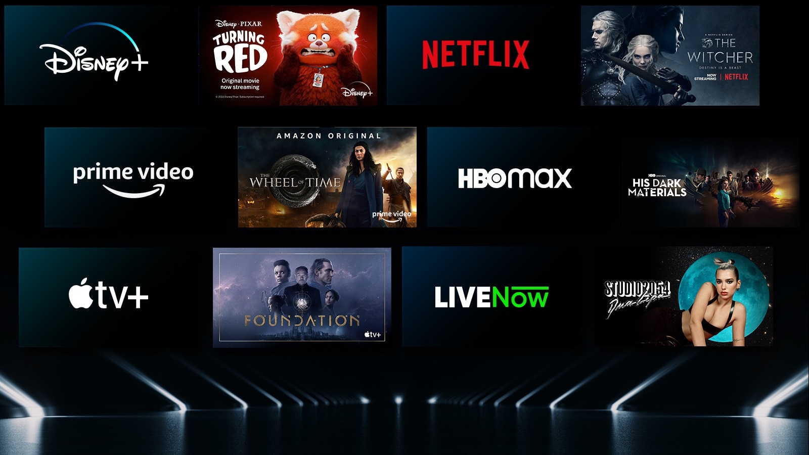 Una imagen muestra varios servicios OTT con sus respectivos programas al lado de cada logotipo.