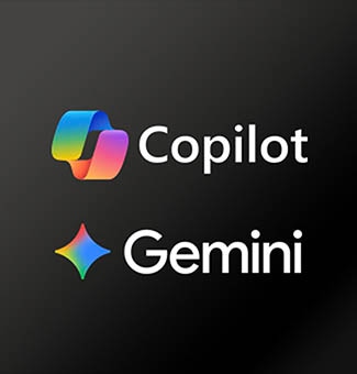 La LG Mini RGB evo AI MRGB85 con el galardonado Multi AI webOS se presenta sobre un fondo oscuro con los logotipos de Microsoft Copilot y Google Gemini, lo que indica la compatibilidad con servicios relacionados con la inteligencia artificial a los que se puede acceder a través de la interfaz de la televisión.
