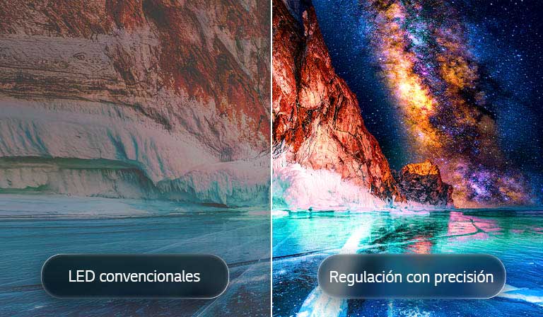 LG Mini RGB evo AI MRGB85 destaca la atenuación de precisión a través de una imagen dividida que compara el LED convencional a la izquierda con negros más profundos y una definición de contraste mejorada a la derecha, con la tecnología del procesador alpha 8 AI.