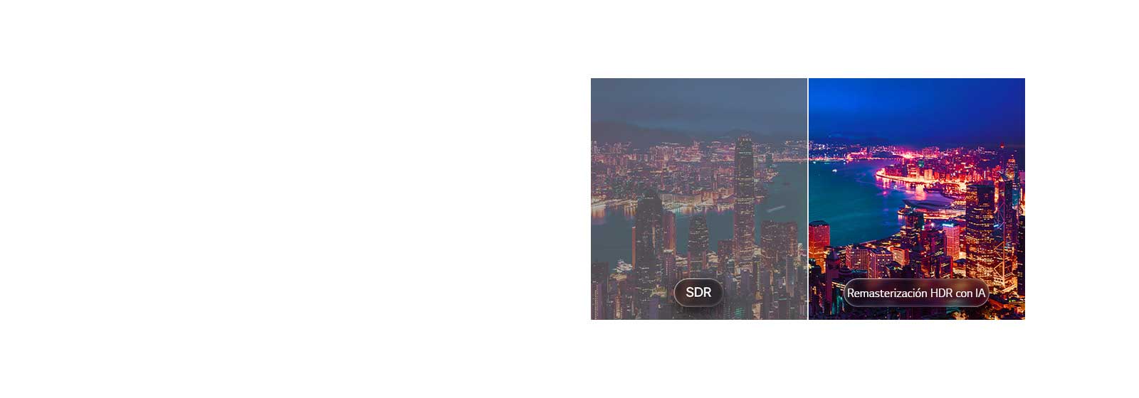 En la LG Mini RGB evo AI MRGB85 con AI HDR Remastering se muestra una comparación dividida de un paisaje urbano, con SDR a la izquierda y AI HDR Remastering a la derecha, mostrando luces urbanas más brillantes, un contraste más profundo y detalles más vívidos en toda la escena.