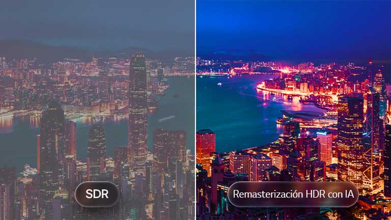 En la LG Mini RGB evo AI MRGB85 con AI HDR Remastering se muestra una comparación dividida de un paisaje urbano, con SDR a la izquierda y AI HDR Remastering a la derecha, mostrando luces urbanas más brillantes, un contraste más profundo y detalles más vívidos en toda la escena.