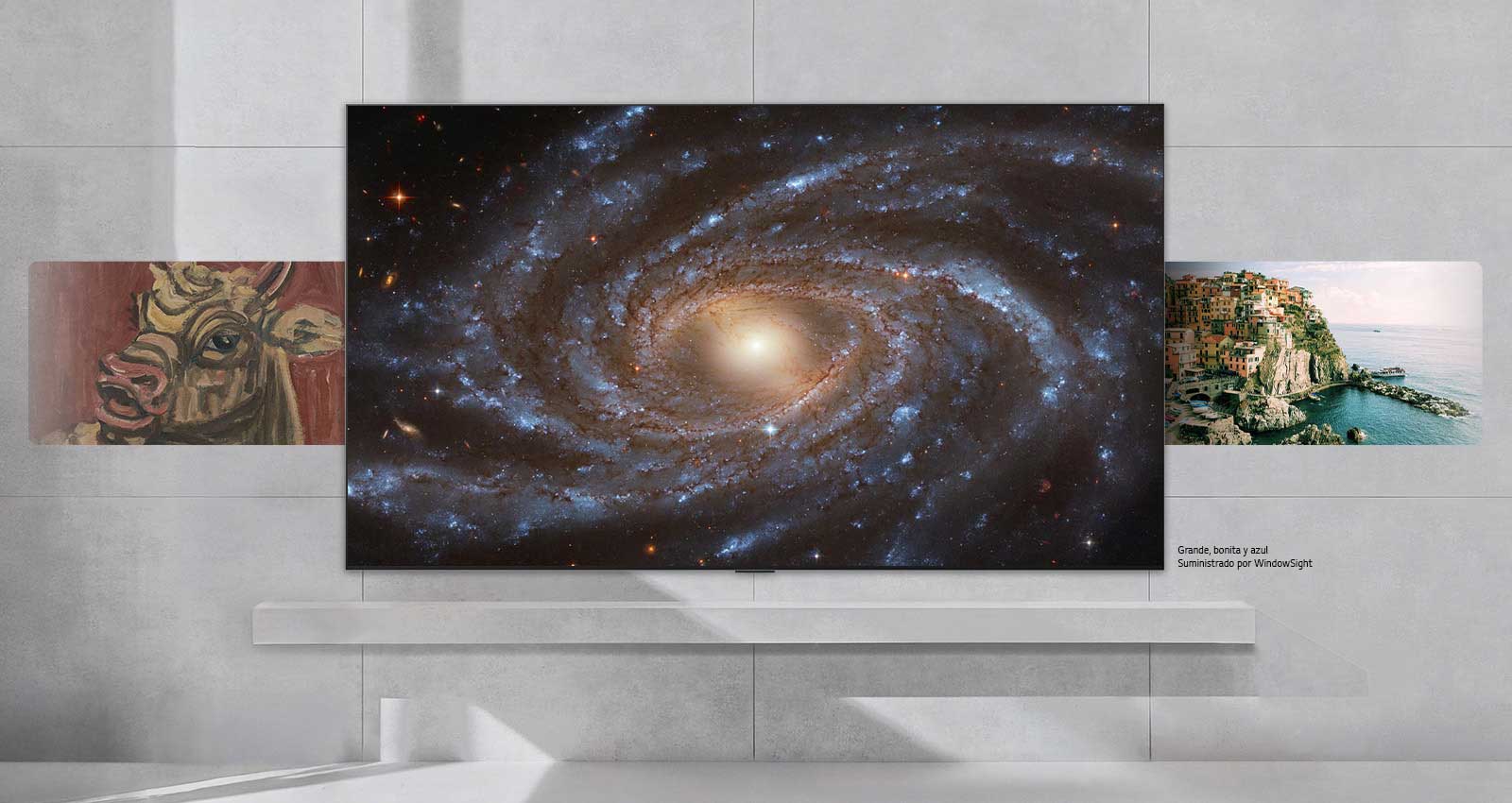 La LG Mini RGB evo AI MRGB85 con LG Gallery+ muestra obras de arte seleccionadas (imágenes relacionadas con el espacio, pinturas de estilo coreano y paisajes escénicos) que se van alternando en la pantalla.