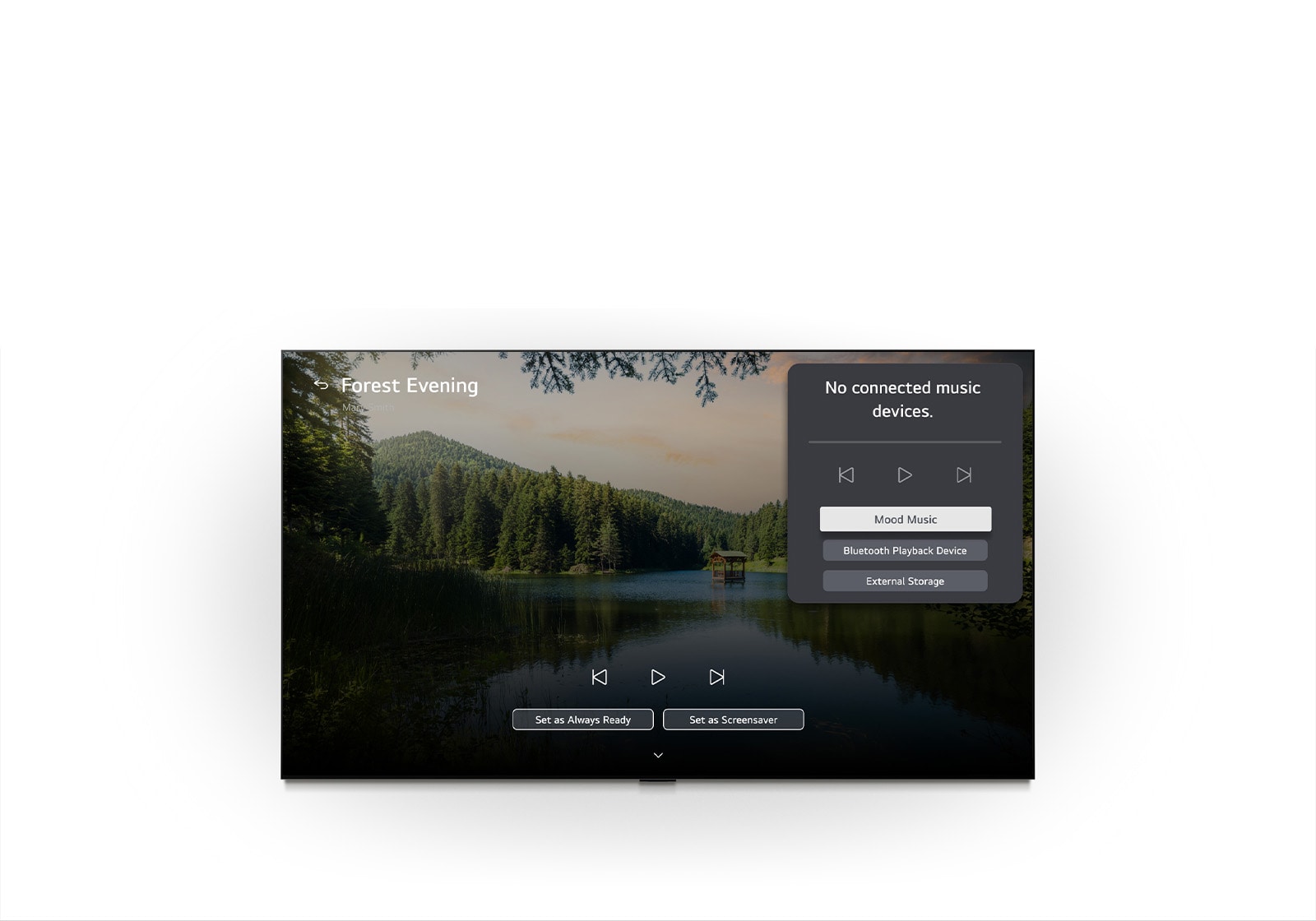 LG Gallery+ con BGM y Music Lounge de la LG Mini RGB evo AI MRGB85 muestra en pantalla la escena del lago en el bosque "Tarde en el bosque”, con un panel de interfaz de usuario de Music Lounge visible para música ambiental, reproducción por Bluetooth y controles.