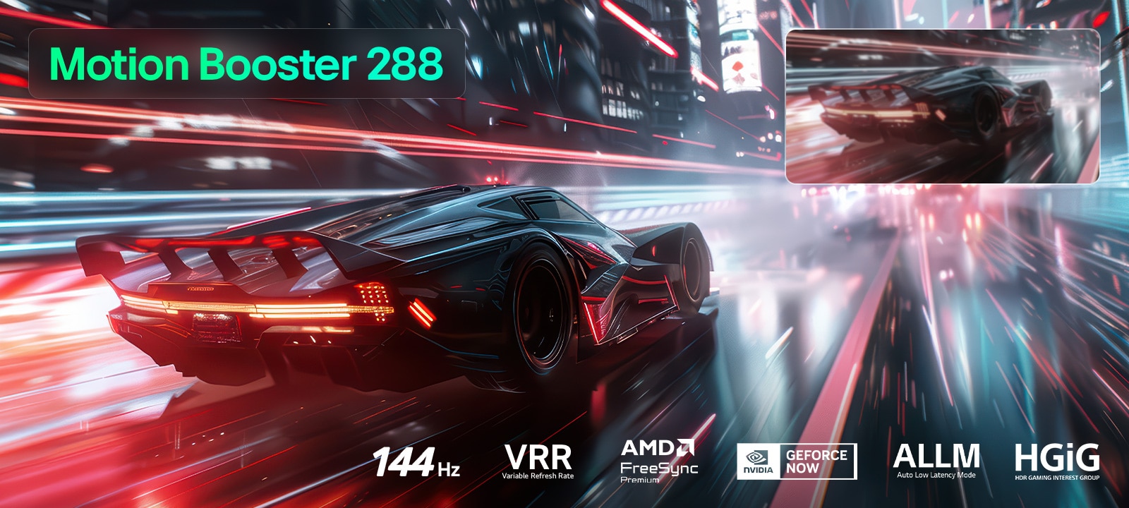 LG Mini RGB evo AI MRGB85 con Ultimate Gameplay muestra una escena de carreras vibrante y de alta velocidad con un recuadro de comparación borrosa que destaca Motion Booster 288, mientras admite 144Hz, VRR, AMD FreeSync, ALLM, HGiG y GeForce NOW.