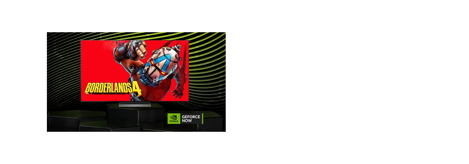 La LG Mini RGB evo AI MRGB85 con NVIDIA GeForce NOW muestra Borderlands 4 en pantalla junto con el logotipo de GeForce NOW, lo que permite acceder a los juegos en la nube desde la interfaz de la televisión.