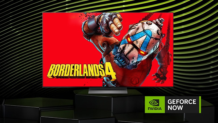 La LG Mini RGB evo AI MRGB85 con NVIDIA GeForce NOW muestra Borderlands 4 en pantalla junto con el logotipo de GeForce NOW, lo que permite acceder a los juegos en la nube desde la interfaz de la televisión.