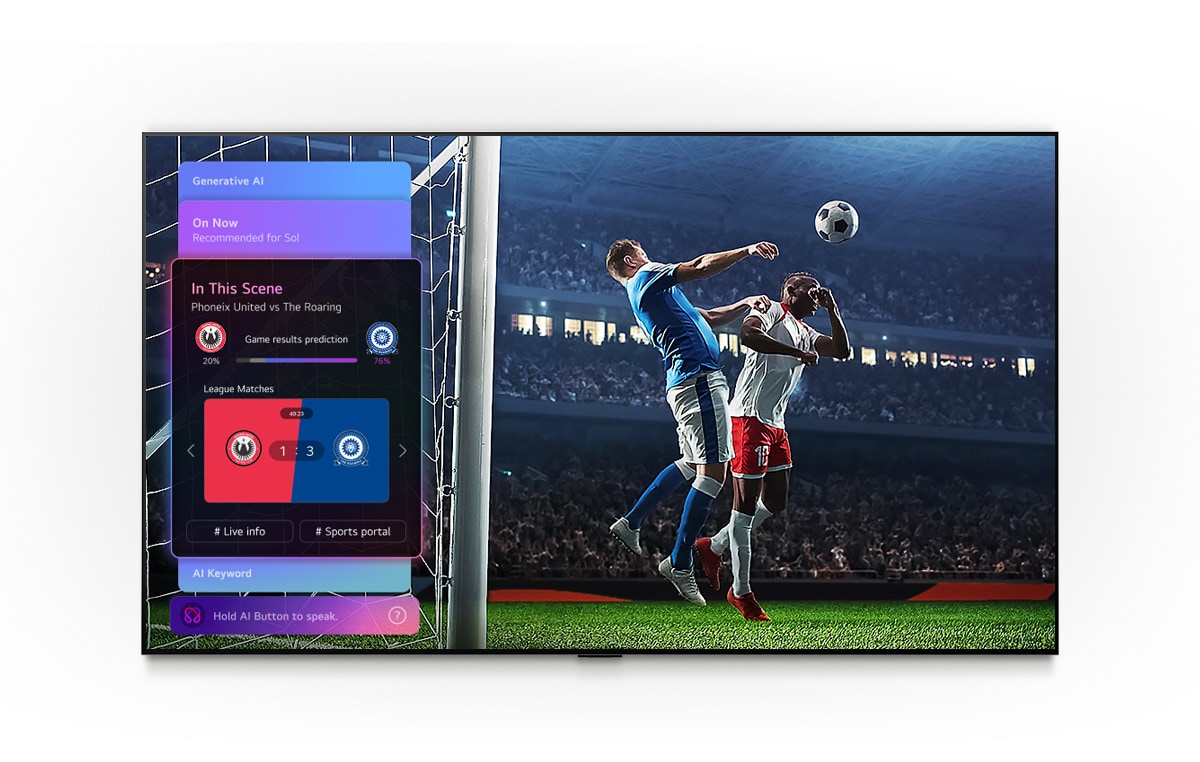 La LG Mini RGB evo AI MRGB85 con TruMotion destaca la fluidez de movimiento en una escena de futbol con pantalla dividida, contrastando la acción borrosa con TruMotion desactivado y el movimiento nítido y claro con TruMotion activado para enfatizar la claridad en los deportes rápidos.