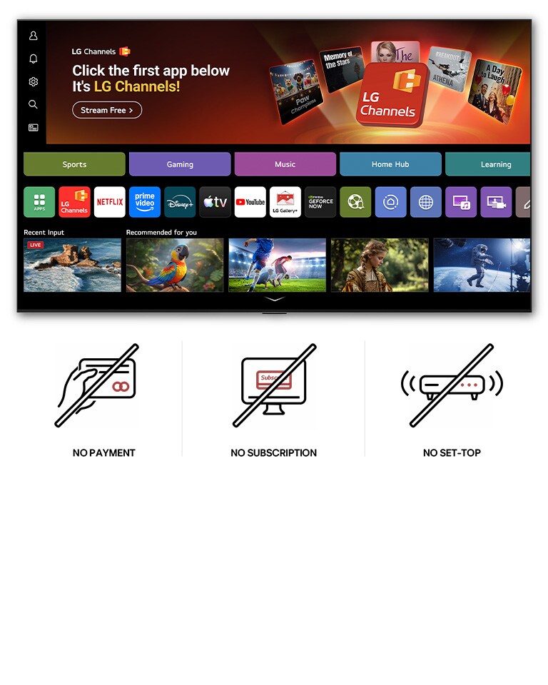 La pantalla de inicio del LG NANO 4K UHD AI NU855 da acceso a la interfaz de LG Channels, que ofrece canales de televisión en directo gratuitos, películas y contenido exclusivo. Destaca el acceso directo a cientos de opciones de entretenimiento sin necesidad de pagos, suscripciones ni decodificadores.