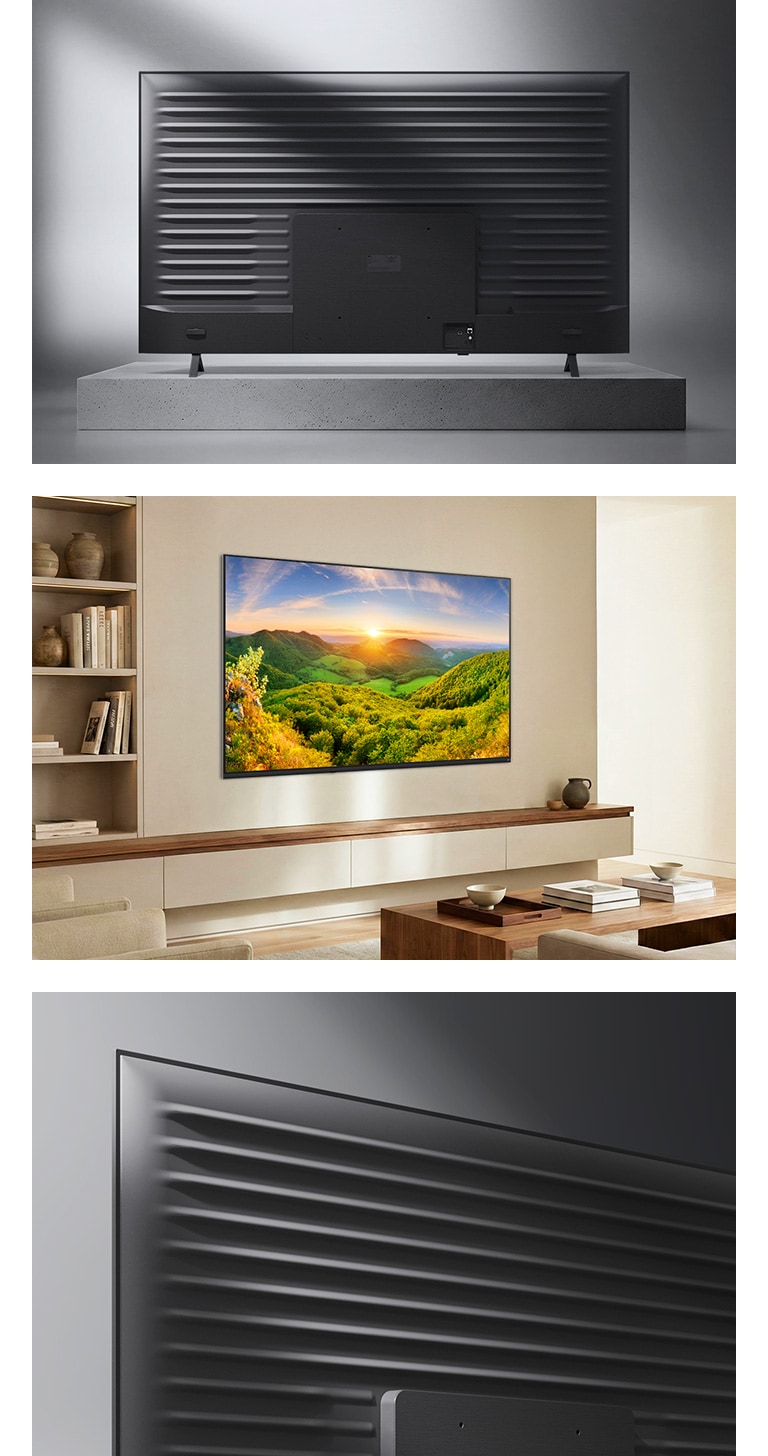 LG NANO 4K UHD AI NU855 con diseño Linear Flow se presenta en una vista multiángulo, con el panel trasero mostrado en la parte superior, una escena de sala de estar con el televisor montado en la pared en la parte inferior izquierda, y un primer plano de la parte posterior metálica estriada en la parte inferior derecha.