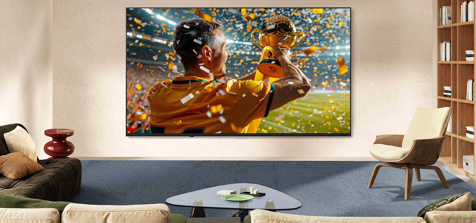 Un televisor LG NANO 4K UHD AI NU855 Ultra Grande se encuentra montado en la pared de una sala de estar, exhibiendo una escena a gran escala de una victoria deportiva —con confeti y un trofeo alzado— que destaca sus colores vívidos, su claridad y su escala inmersiva.
