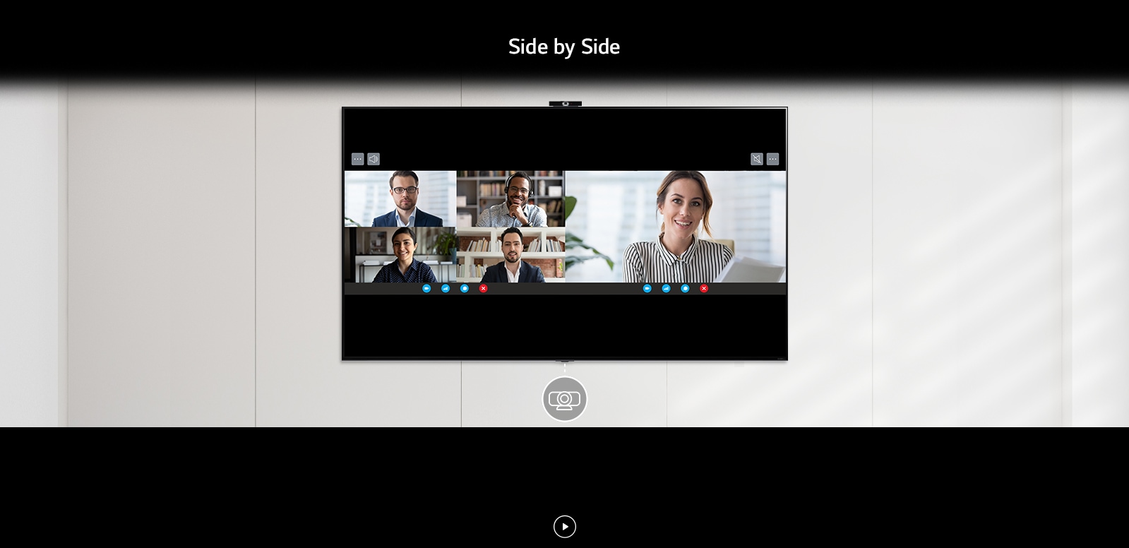 Se enrollan y muestran tres funciones de multi-view. Side by Side tiene un pictograma de cámara debajo y muestra dos pantallas en videollamada. Picture in Picture tiene un pictograma de una cámara debajo y me puedo ver copiando el vídeo del ejercicio. Por último, Dual Monitor muestra una imagen de pictograma y dos pantallas de documento relacionadas con el ordenador.