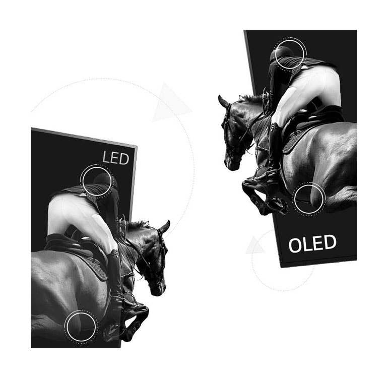 Una escena de equitación en LED con poco contraste y la otra mitad en OLED con contraste infinito (reproducir el vídeo)