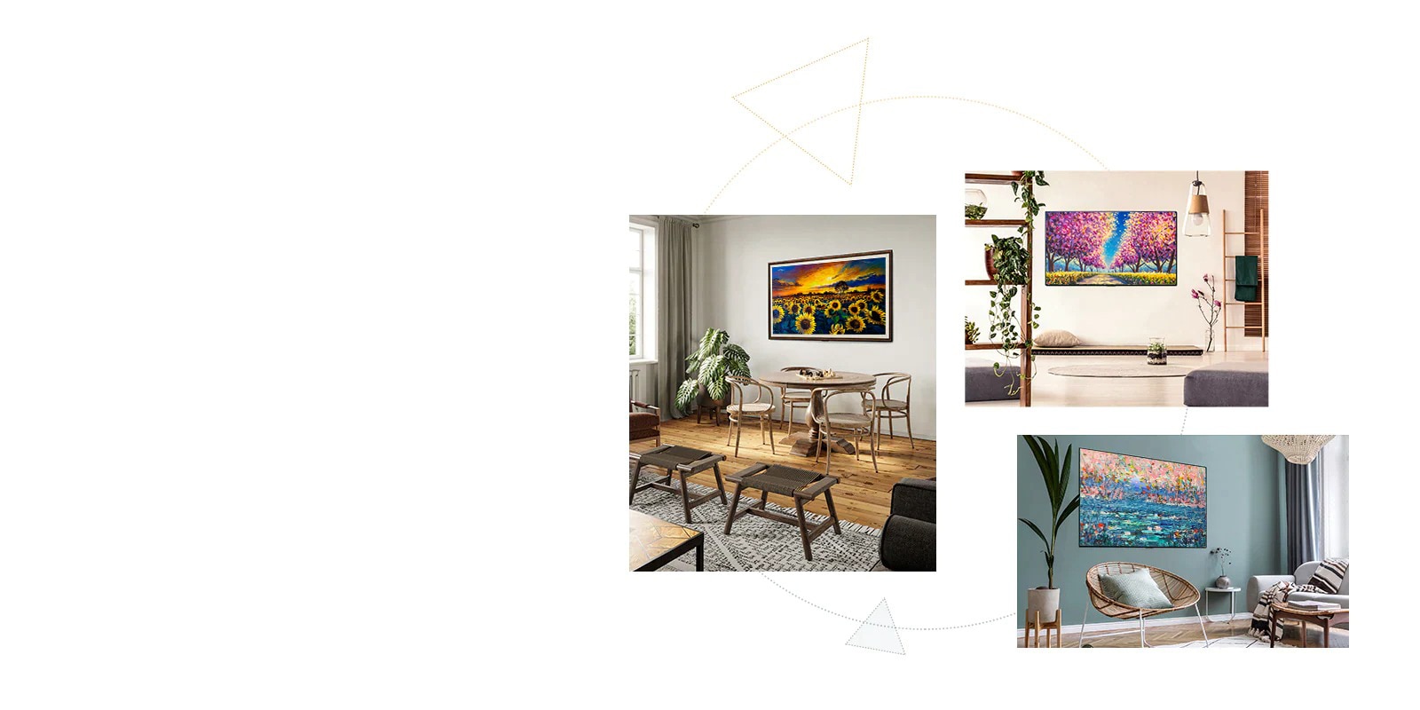 Tres Televisores con Diseño de Galería con soporte, que funcionan como obras de arte en cualquier lugar