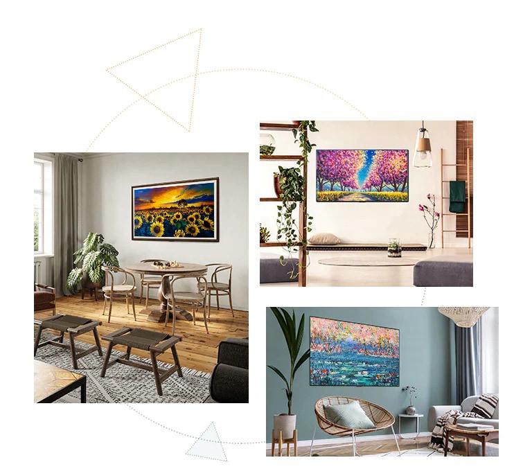 Tres Televisores con Diseño de Galería con soporte, que funcionan como obras de arte en cualquier lugar