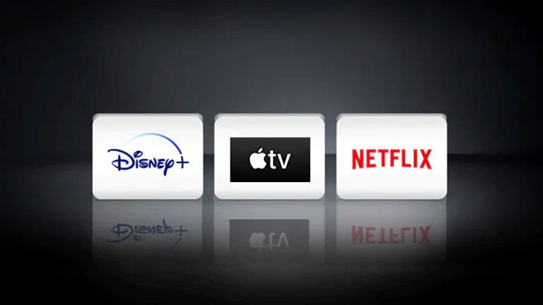 El logotipo de el de Netflix, Disney+ y Apple TV están ubicados horizontalmente en el fondo negro.