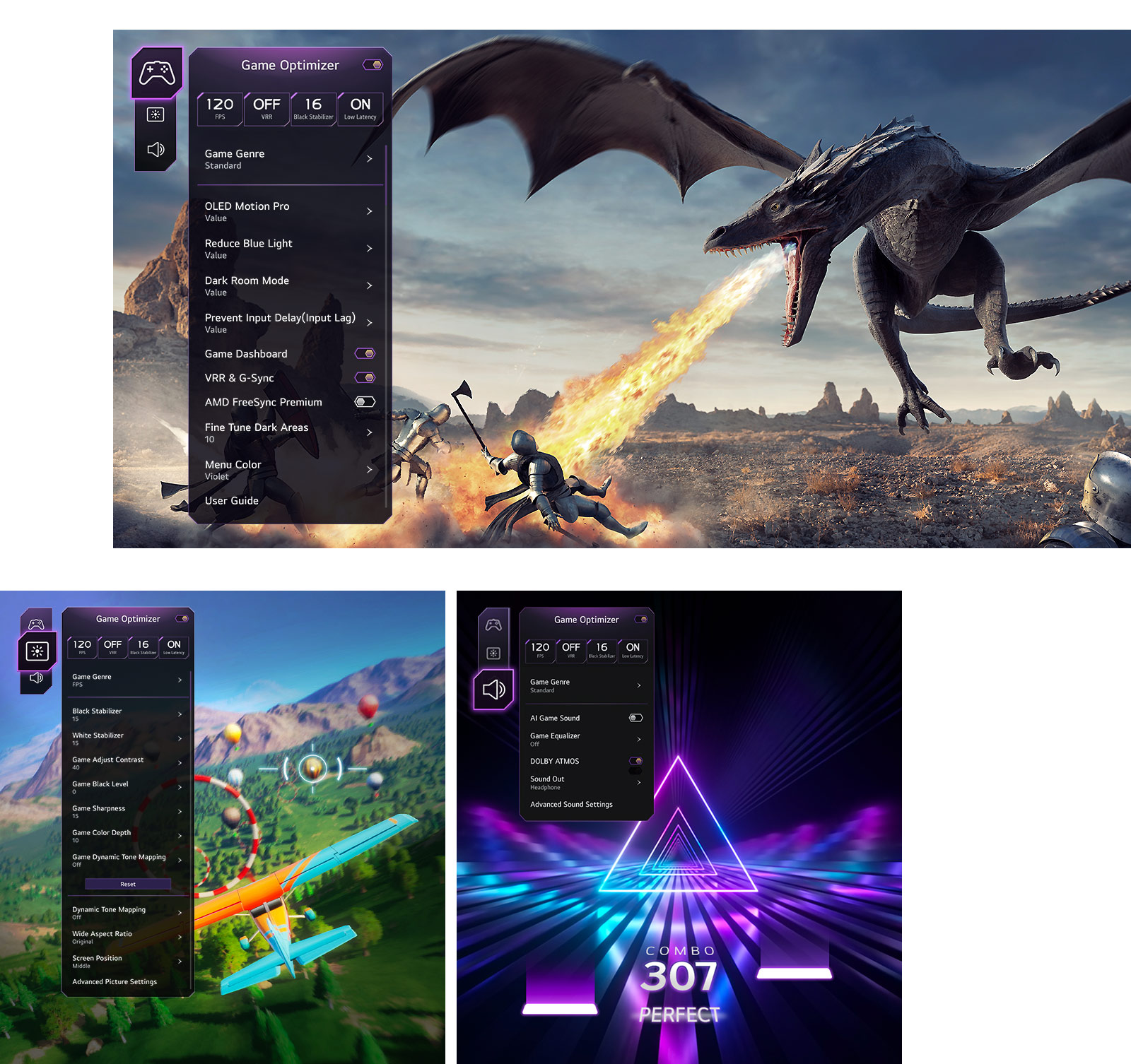 Configuraciones de juego, imagen y sonido que se muestran sobre el juego en tres imágenes diferentes.