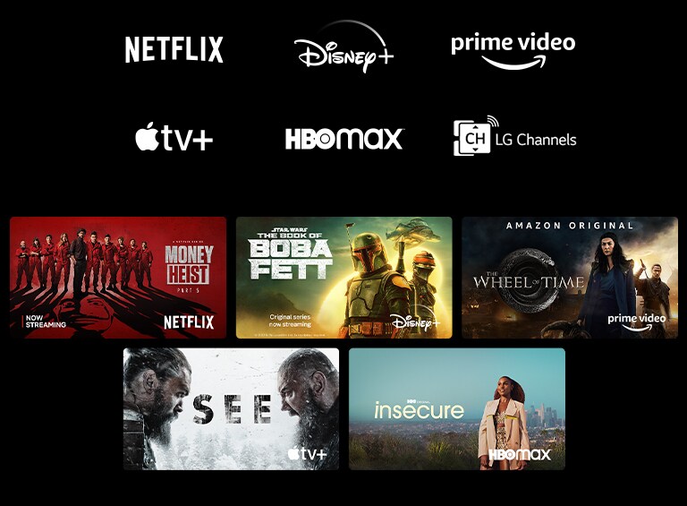 Un póster de Money Heist de Netflix, El libro de Boba Fett de Disney Plus, La rueda del tiempo de Prime Video, See de Apple TV Plus e Insecure de HBO Max.