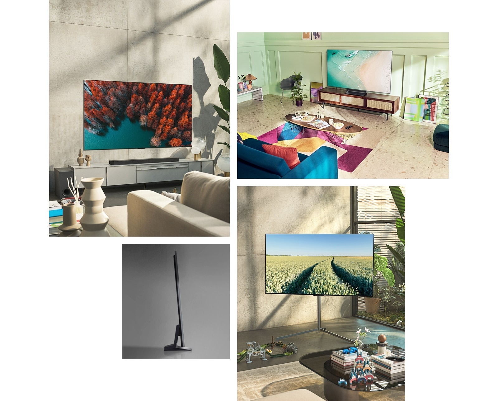 Un LG OLED G2 cuelga en la pared de una sala de estar de colores neutros con plantas y adornos rústicos. Un LG OLED G2 descansa sobre un soporte de TV en una habitación verde menta con arte y muebles coloridos. Un LG OLED G2 con soporte de galería está en la esquina de una habitación en una casa familiar. Una vista lateral del borde ultradelgado de LG OLED G2.