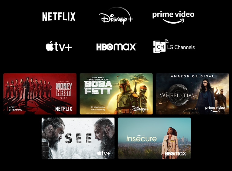 Un póster de La Casa de Papel de Netflix, El Libro de Boba Fett de Disney Plus, La Rueda del Tiempo de Prime Video, See de Apple TV+ e Insecure de HBO Max 