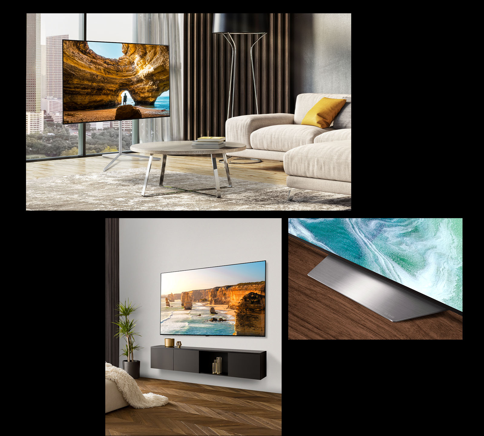 Una imagen del LG OLED B3 con soporte de pie frente a una ventana con vista a una ciudad. LG OLED B3 en una pared de una habitación moderna. La esquina inferior de la base del LG OLED B3.
