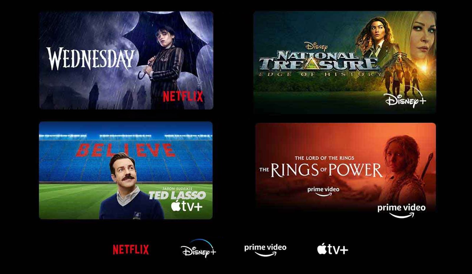 Un póster de Merlina de Netflix, Los anillos del poder de Prime Video y un fotograma de LG Channels con un leopardo en su hábitat.