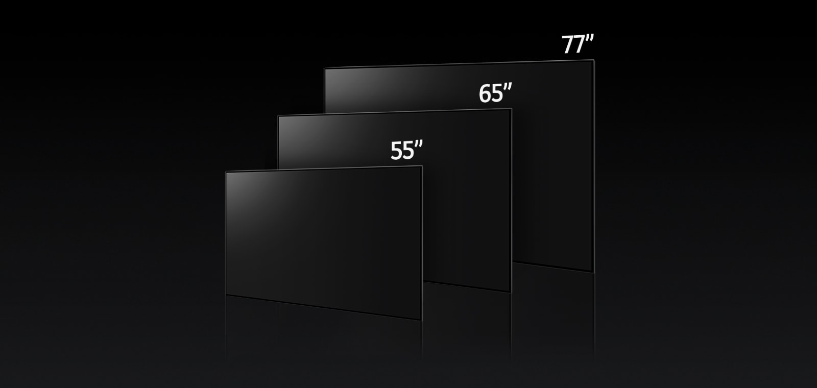 Una imagen que compara los distintos tamaños del LG OLED G3, mostrando 55", 65" y 77".