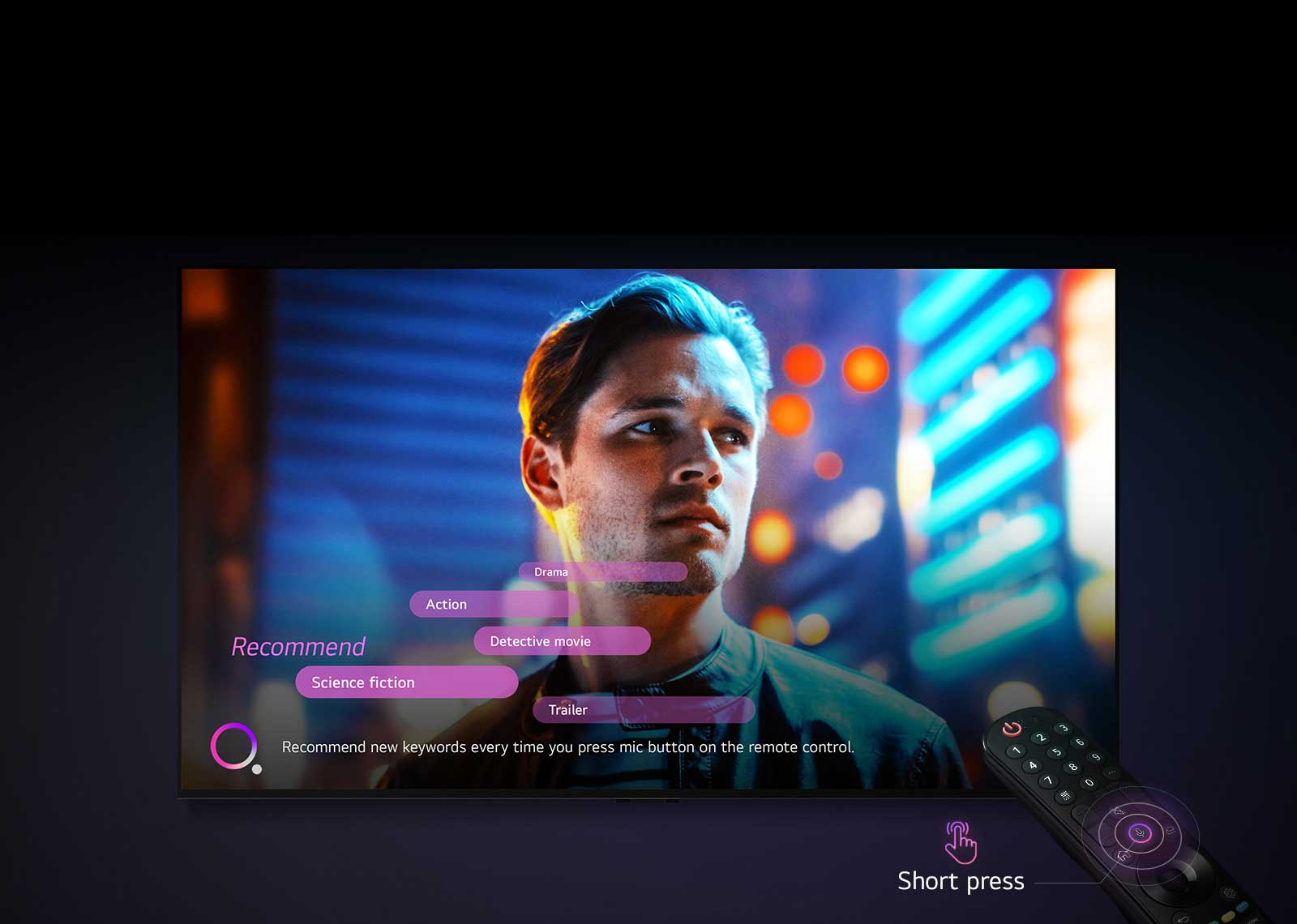 La Imagen de un televisor LG OLED y su control a distancia. El botón de micrófono del control a distancia se enciende y aparecen en la pantalla recomendaciones de palabras clave para la búsqueda por voz.